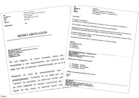 Facsímiles de los correos electrónicos que se entrecruzaban Miguel Etchevehere y su abogado, con instrucciones sobre cómo hacer la operación.