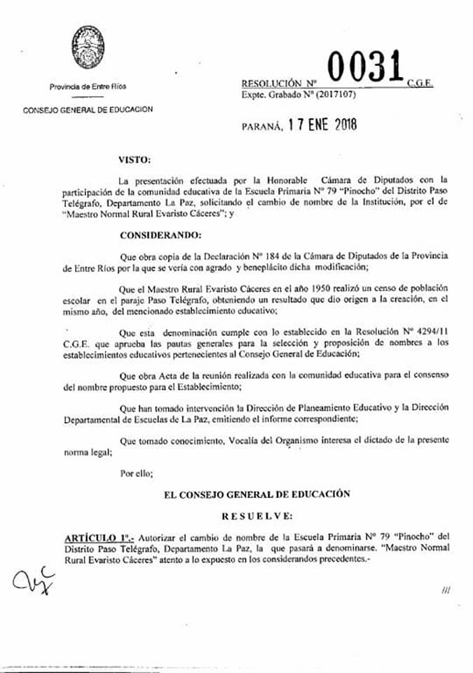 Reconocimiento a Evaristo&nbsp;Cáceres