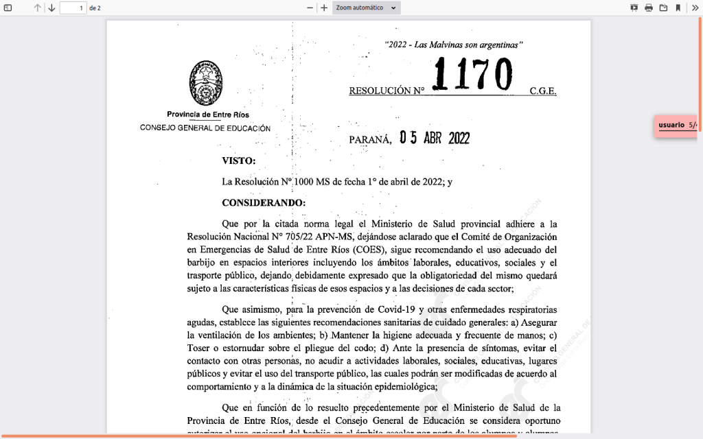 Ya es opcional el uso de barbijo en las escuelas de Entre&nbsp;Ríos